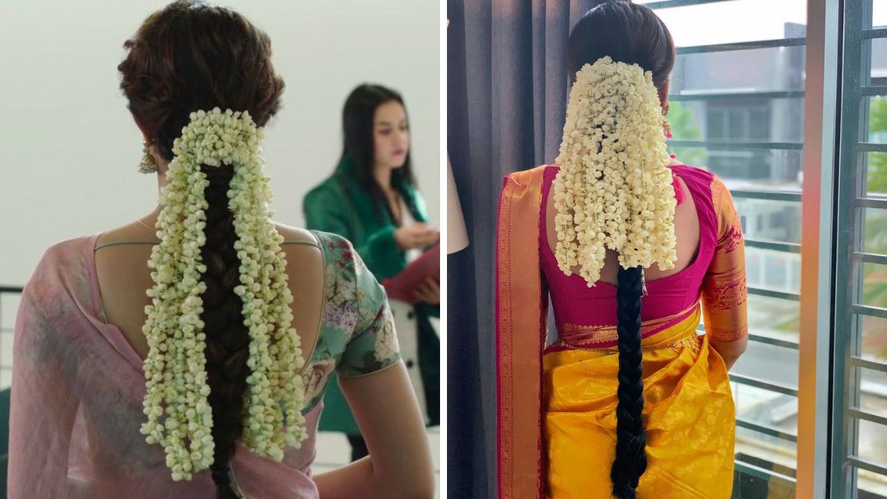 लांब केस असलेल्या महिला साडी किंवा ड्रेस घातल्यानंतर वेणी घालतात. वेणी घातल्यानंतर यापद्धतीने केसांमध्ये भरपूर गजरे लावल्यास केसांची शोभा वाढेल.