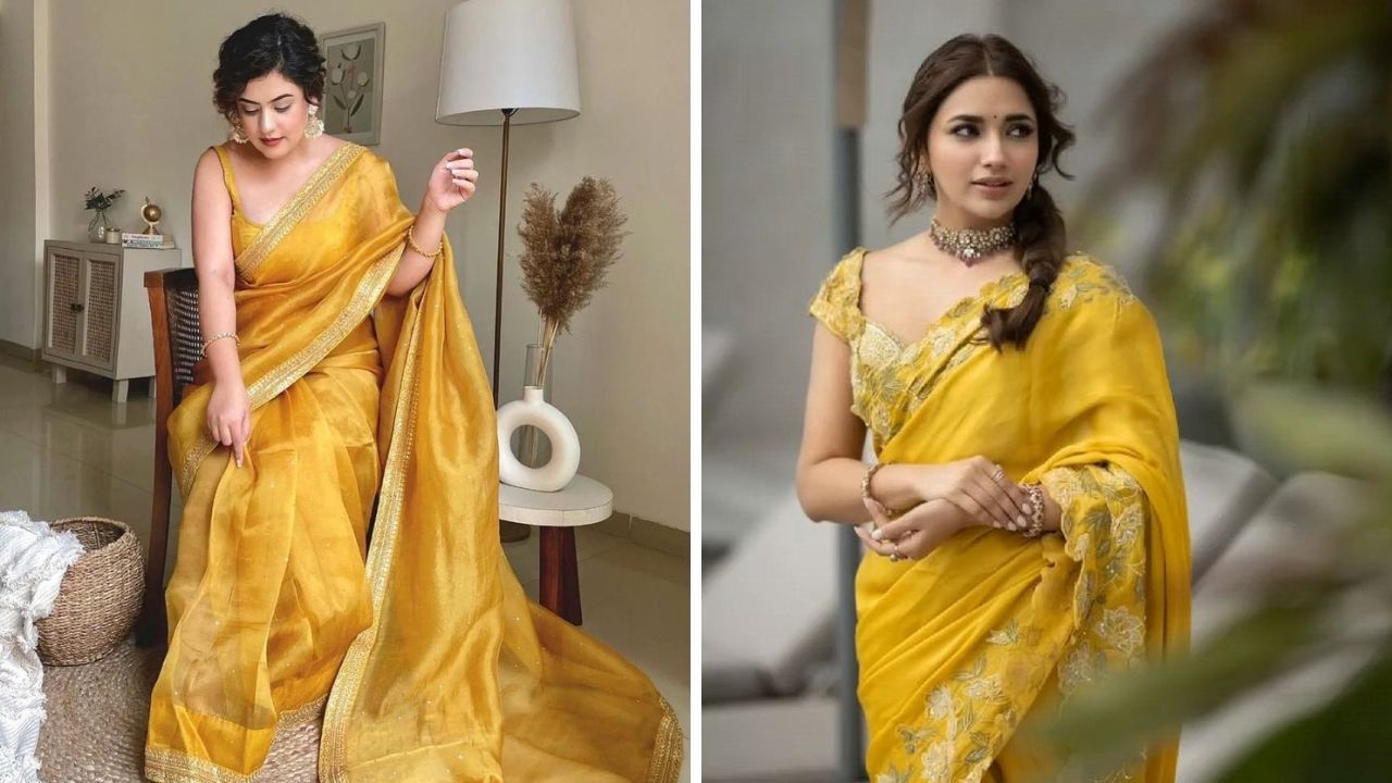 हळद किंवा लग्नातील इतर शुभ प्रसंगी तुम्ही मस्टर्ड यलो रंगाची साडी नेसून सुंदर लुक करू शकता. या रंगावर मोत्याचे दागिने अतिशय सुंदर दिसतील.
