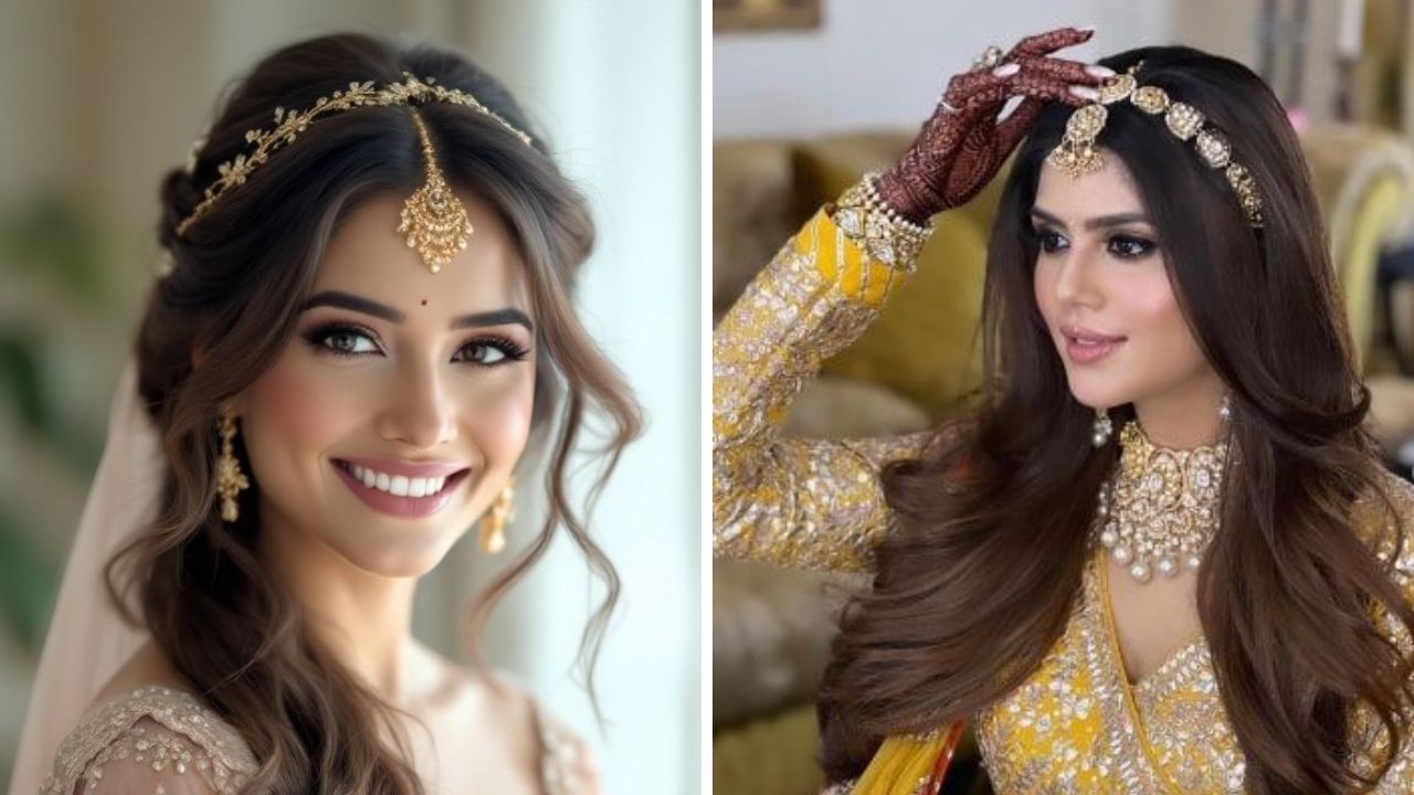 लेहेंगा घातल्यानंतर या पद्धतीने हेअर स्टाईल केल्यास तुमचे सौंदर्य आणखीनच खुलून दिसेल. मीनाकारी वर्क करून तयार केलेला हेअर ब्रँड अतिशय सुंदर दिसेल.