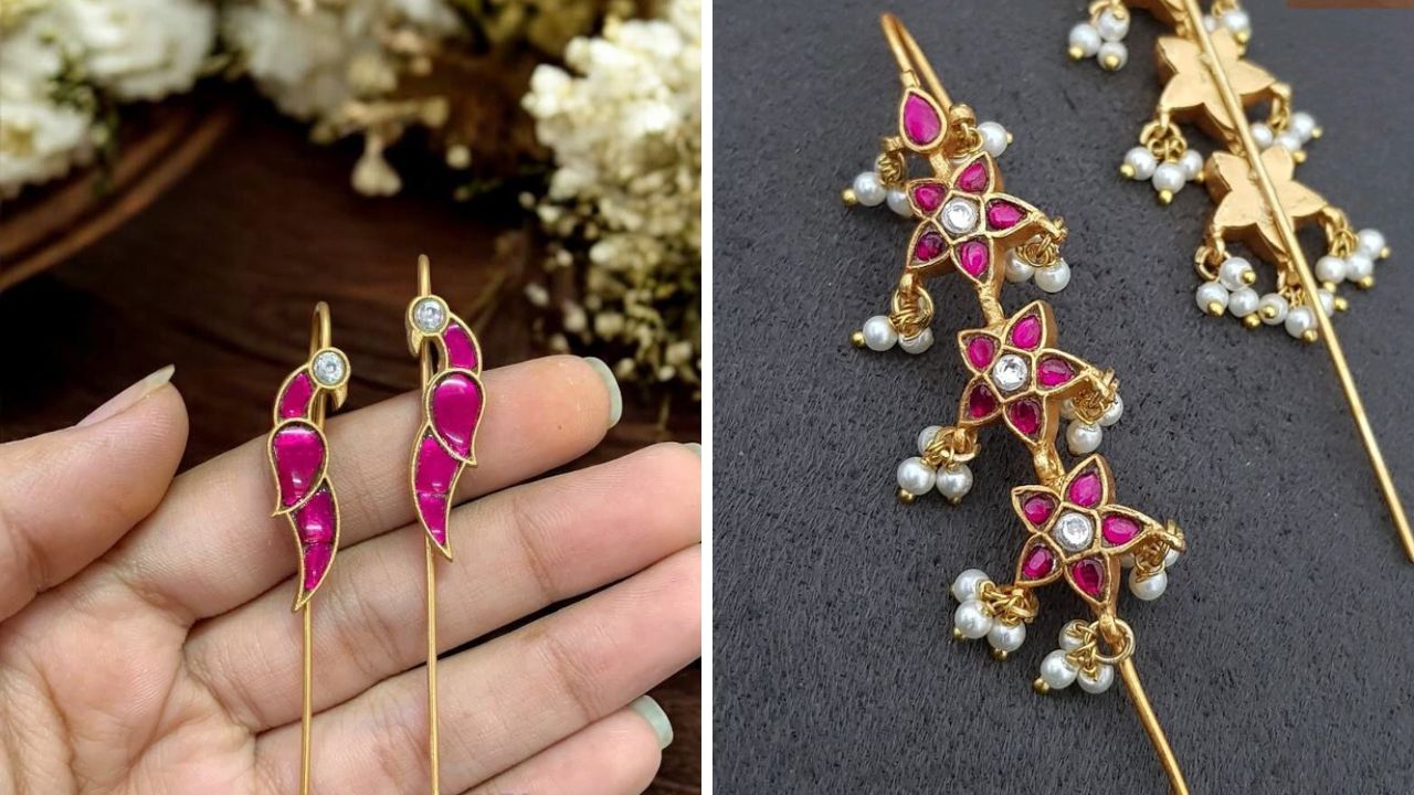 बुगडी घालण्याऐवजी तुम्ही मोत्याचे नीडल इअरकफ घालू शकता. हे इअरकफ कानाची शोभा वाढवतील. साडीवरील लुक आणखीनच आकर्षक करण्यासाठी तुम्ही या डिझाईनचे इअरकफ घालू शकता.