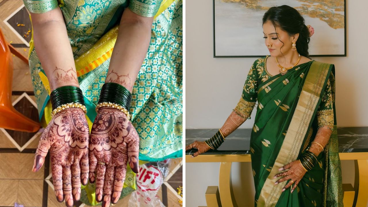 जास्त बांगड्या हातामध्ये नको असेल्या या पद्धतीने तुम्ही हिरव्या बांगड्या घालू शकता. हिरव्या बांगड्यांच्या पुढे एक गोठ किंवा कडा घातल्यास सुंदर लुक दिसेल. 