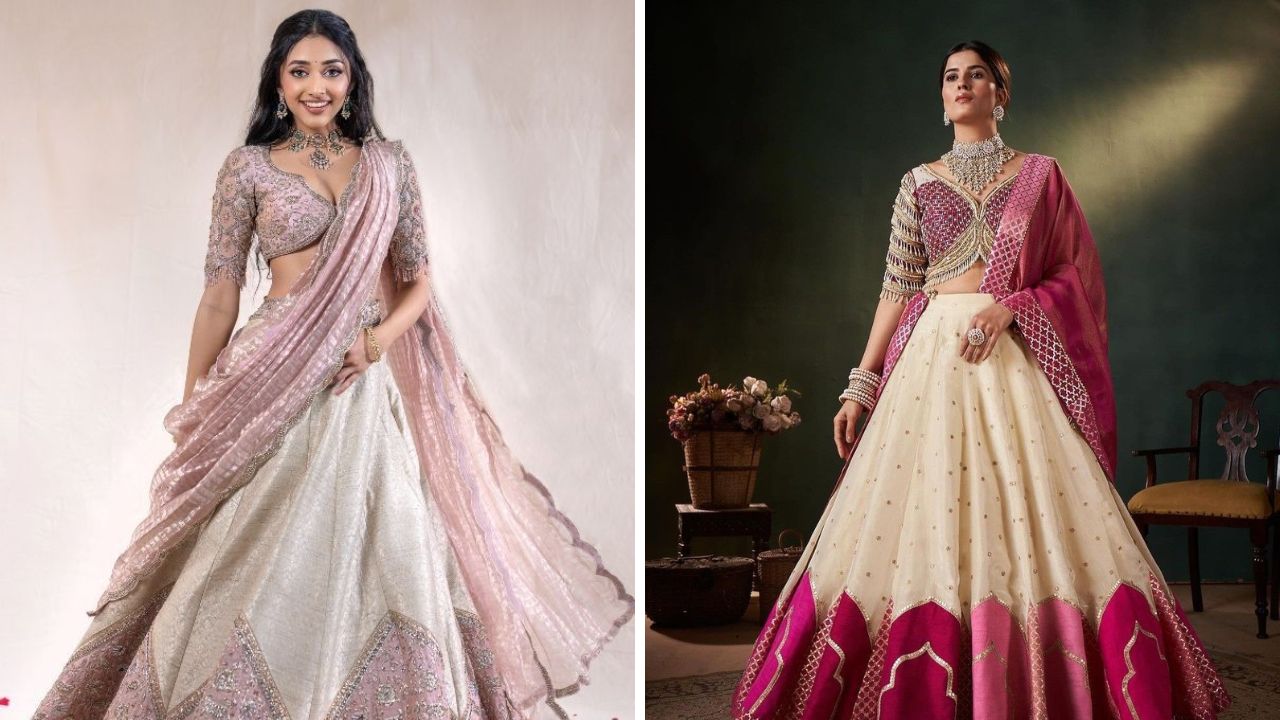 बनारसी साडी किंवा शॉफन फॅब्रिकचा लेहेंगा तुमच्या सौंदर्यात भर पडेल. यावर मोत्याचे किंवा सोन्याचे दागिने अतिशय सुंदर दिसतात. 