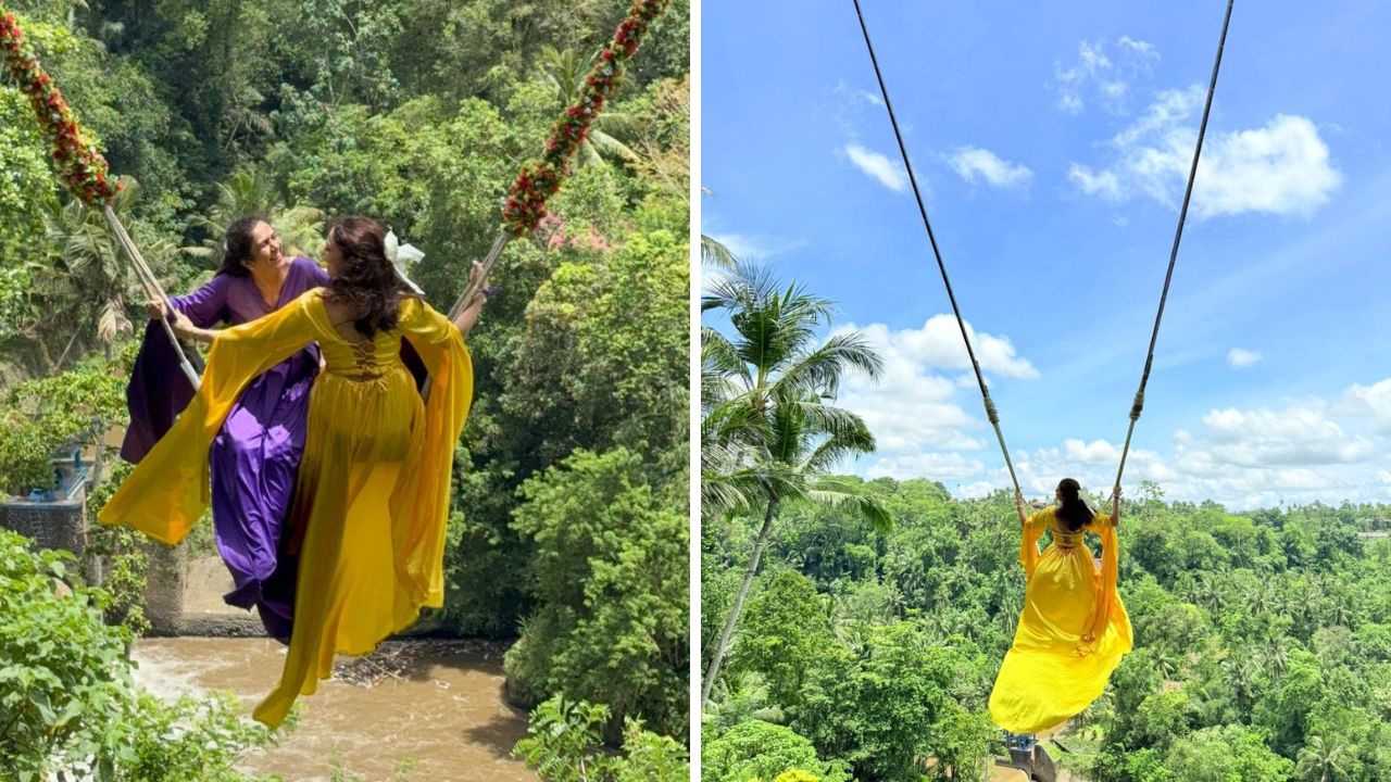 आईने जांभळा गाऊन परिधान केला असून अमृताने पिवळ्या रंगाचा गाऊन परिधान केला आहे