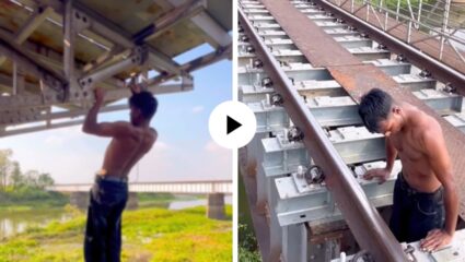 मृत्यूचा खेळ! रीलच्या नादात जीव टाकला धोक्यात… रेल्वे ब्रिजवर लटकत तरुणाने केला धोकादायक स्टंट; Video Viral