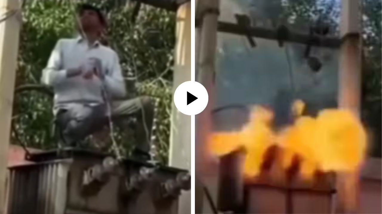 एक झटका अन् माणूस क्षणातच हवेत झाला गायब, विजेच्या खांब्यावर लागली आग; भीषण अपघाताचा Video Viral