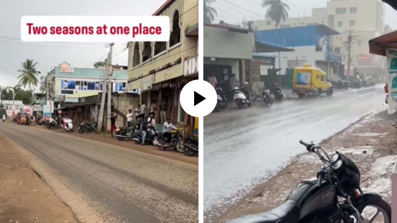अद्भुत, अविश्वसनीय… वातावरणाची कमाल तर पहा, एका बाजूला कडक ऊन तर दुसऱ्या बाजूला पडतोय पाऊस; अनोखा Video Viral