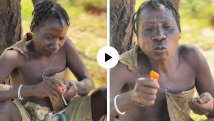 जंगलात राहणाऱ्या शिकाऱ्याने आयुष्यात पहिल्यांदाच चाखली चॉकलेट लॉलीपॉपची चव, दिली अशी रिॲक्शन…. पहा Viral Video