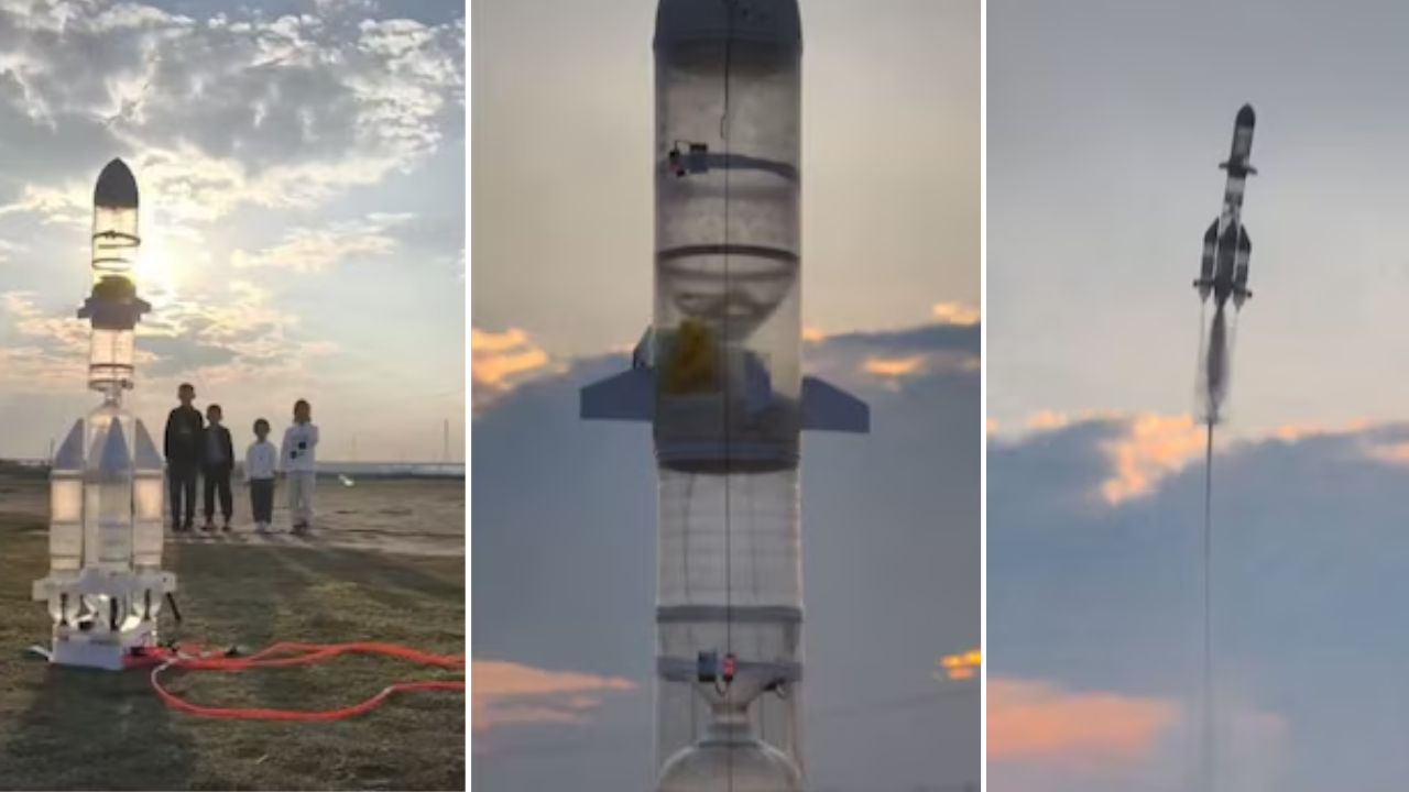 गुरु शिष्यांची कमाल! प्लॉस्टिक बॉटलपासून बनवलं रॉकेट, चीनमधील Video Viral