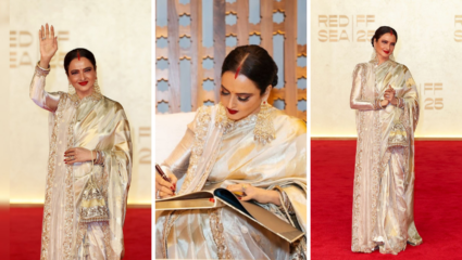 ‘तुम हुस्न परी…’, रेखाच्या सिल्व्हर गोल्ड व्हिंटेज लूम साडीची कमाल, तरूणाईला लाजवणाऱ्या सौंदर्याची खाण