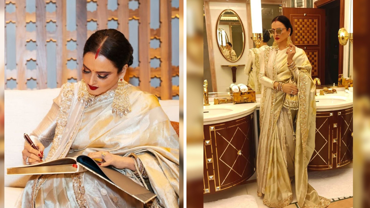 रेखाने या साडीसह बोल्ड मेकअप केला असून डार्क फाऊंडेशन, कन्सिलर, काजळ, डार्क लायनर, ब्राऊन डार्क आयशॅडो आणि भुवयाही दाट कोरल्या आहेत. याशिवाय तिने डार्क मरून रंगाची लिपस्टिक लावत आपला लुक पूर्ण केलाय