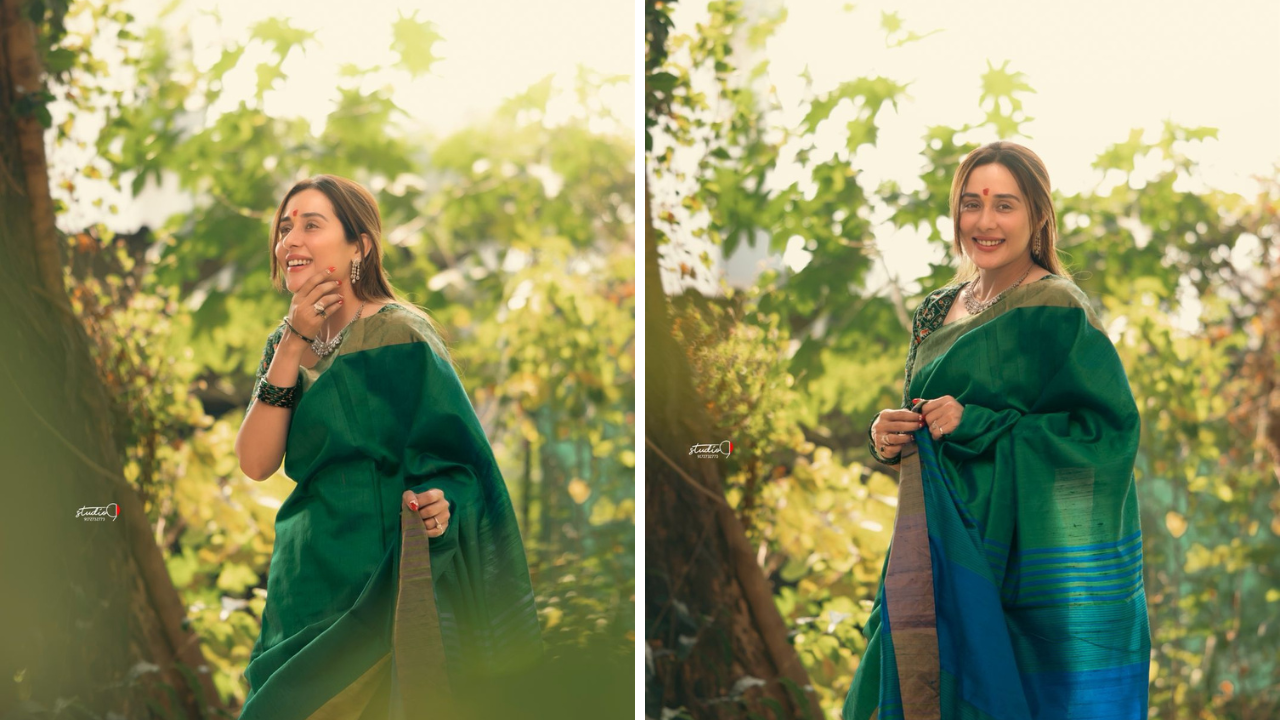 तेजस्विनीने यासह प्रिंटेड ब्लाऊज घातला आहे. पारंपरिक आणि आधुनिकतेचा उत्तम मेळ साधत तिने हा लुक केलेला दिसून येत आहे