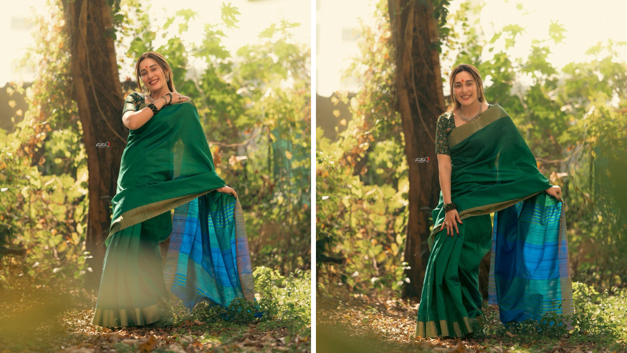 हिरव्या साडीसह तेजस्विनीने हिरव्या बांगड्या आणि ऑक्सिडाईज्ड दागिने घातले आहेत आणि तिचा हा लुक खूपच तेजस्वी दिसत आहे