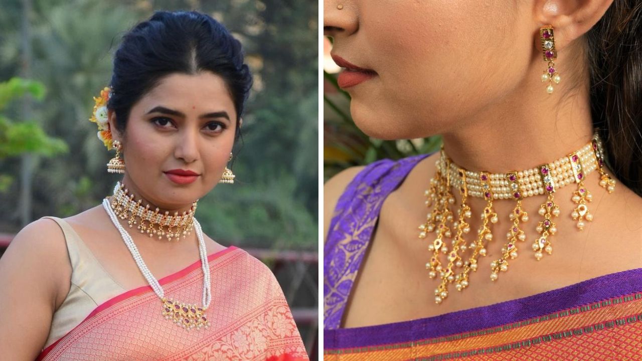 मोत्याचे दागिने कोणत्याही साडीवर खुलून दिसतात. त्यामुळे मोत्याची चिंचपेटी, तन्मणी किंवा मोत्याची नथ घालू शकता. मोत्याचे दागिने नऊवारी साडीवर सुंदर दिसतात. 