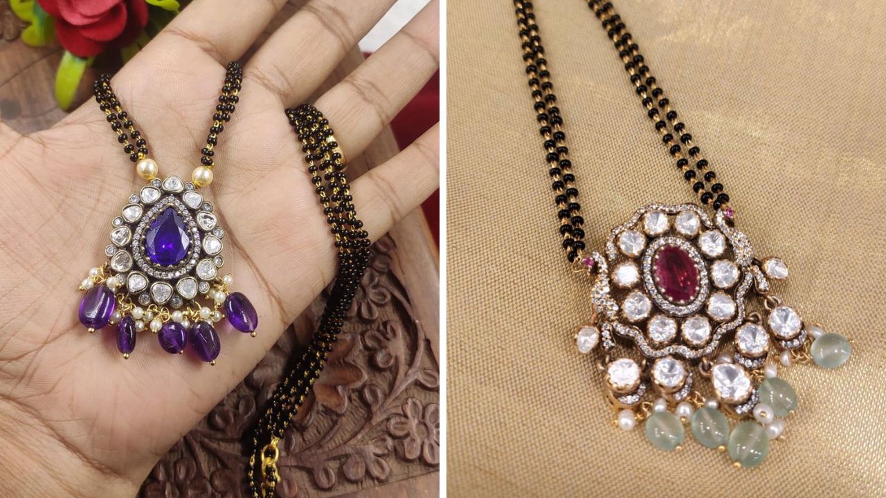 दागिन्यांना गोल्ड प्लेटिंग, रोज गोल्ड किंवा ऑक्सिडाईज्ड फिनिश दिली जाते. त्यामुळे व्हिंटेज लुक येतो. बनारसी किंवा कांजीवरम साडीवर तुम्ही या डिझाईनचे मंगळसूत्र घालू शकता. 