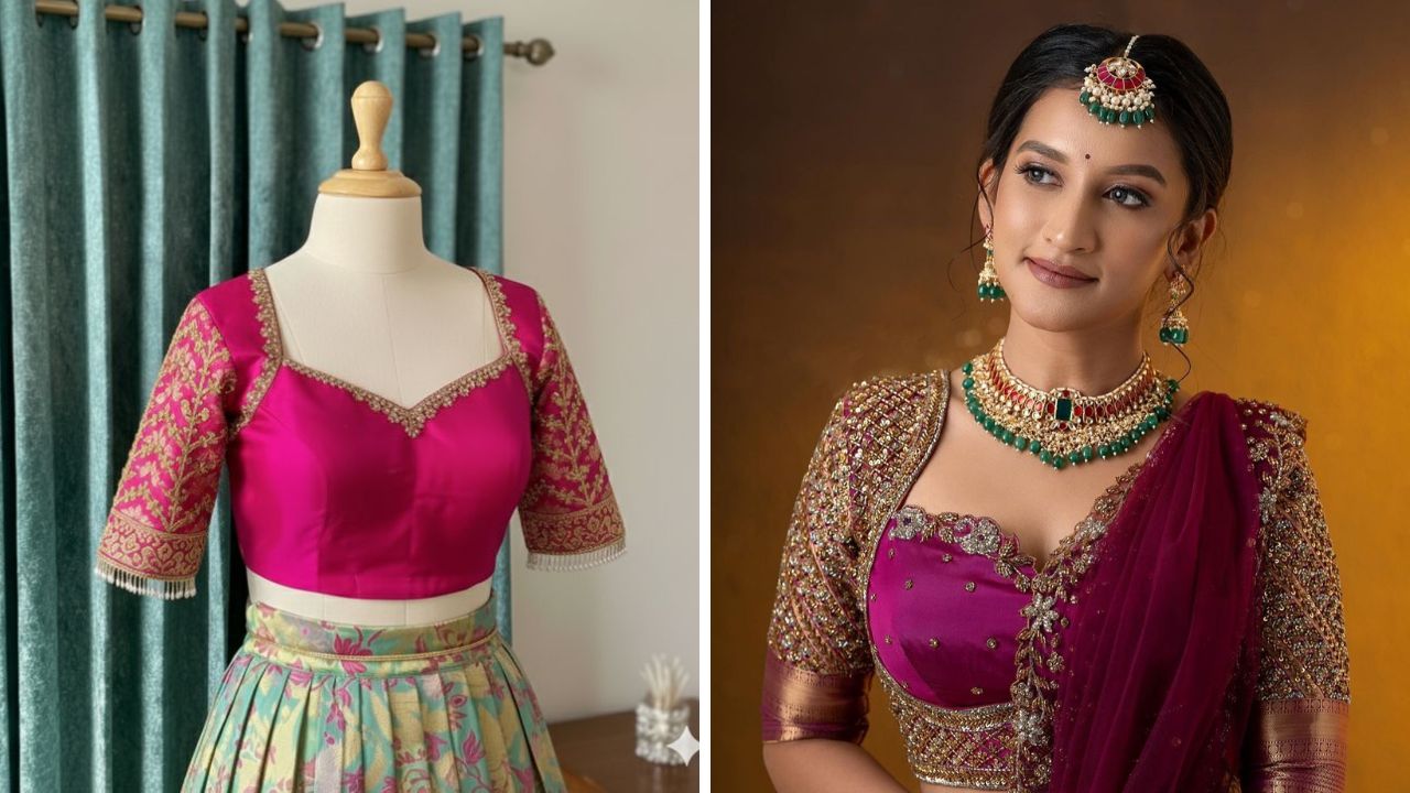 ब्लाऊजच्या पुढील आणि मागील गळ्याला या पद्धतीने मण्यांचे आरी वर्क करून घेऊ शकता. सोनेरी काठ असलेल्या ब्लाऊजच्या काठावर सोनेरी आणि वेगवेगळ्या आकर्षक मण्यांचे आरी वर्क उठावदार दिसते. 