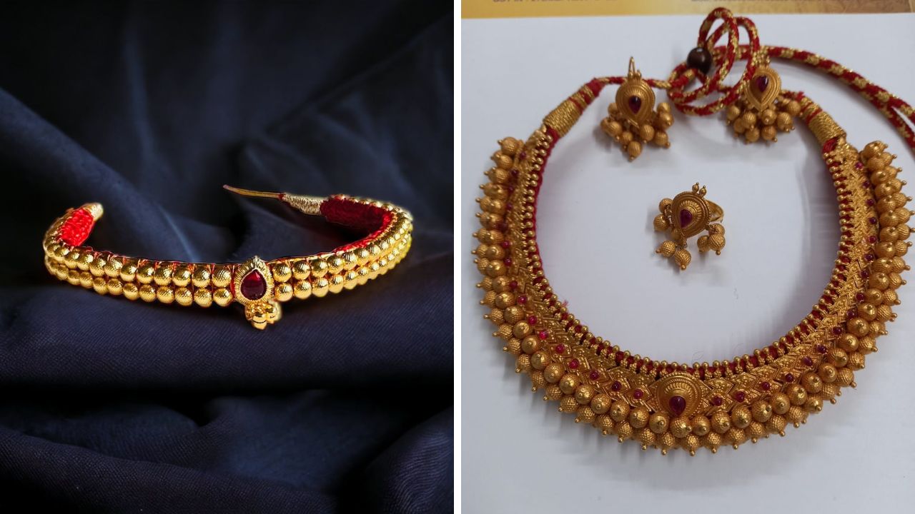 बारीक मण्यांची गोलाकार ठुशी राजेशाही आणि मनमोहक लुक देते. साडीचा ड्रेस किंवा अनारकली शिवल्यानंतर त्यावर तुम्ही ठुशी दागिना घालू शकता.  