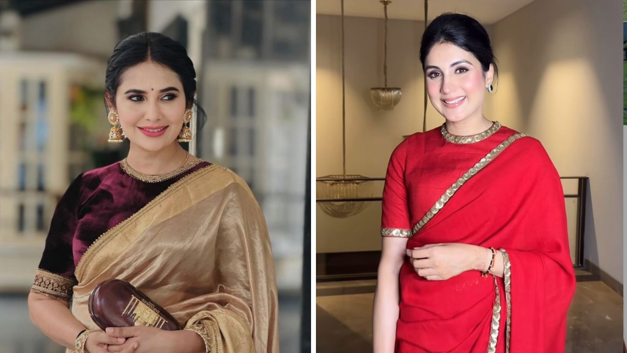 शिफॉन किंवा कोणत्याही सिल्क साडीवर तुम्ही बंद गळ्याचे हाय व्ही नेक ब्लाऊज शिवून घेऊ शकता. यावर गजरा हेअर स्टाईल अतिशय सुंदर दिसेल.