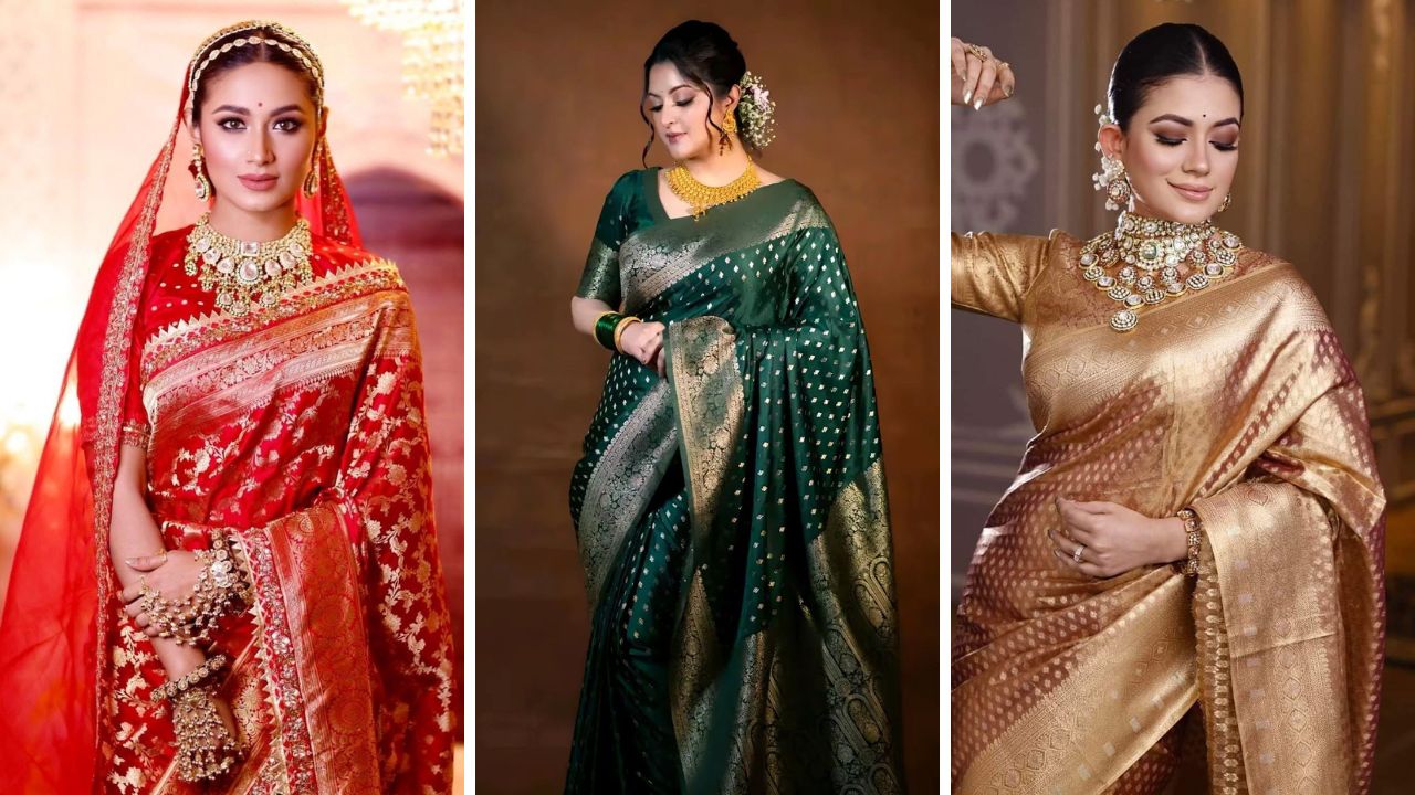 पारंपरिक साड्यांचा अधुनिक ट्रेंड! लग्नातील रिसेप्शन लुकसाठी नेसा ‘या’ रंगाच्या अस्सल बनारसी साड्या, सौंदर्यात पडेल भर
