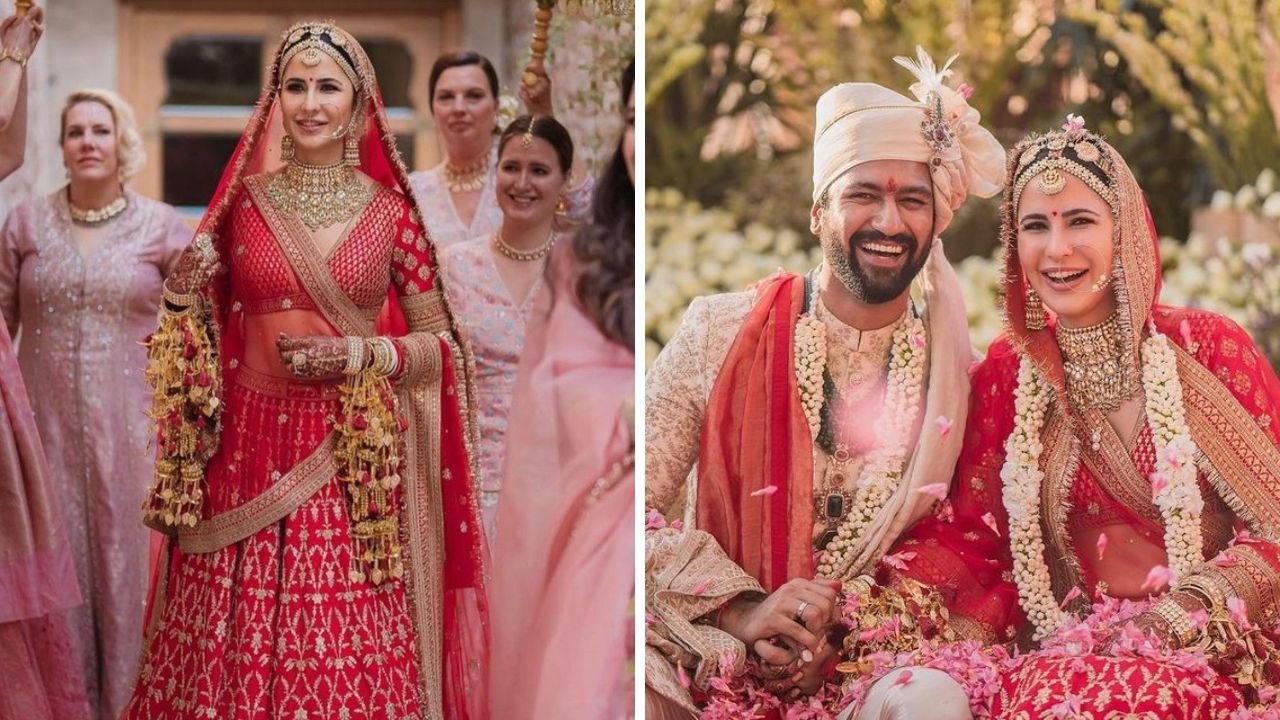 अभिनेत्री कतरिना कैफने तिच्या लग्नात लाल रंगाचा सुंदर लेहेंगा परिधान करून त्यावर कुंदन दागिने आणि पंजाबी स्टाईल बांगड्या परिधान केल्या होत्या. तिचा हा लुक सोशल मीडियावर मोठ्या प्रमाणावर व्हायरल झाला. 