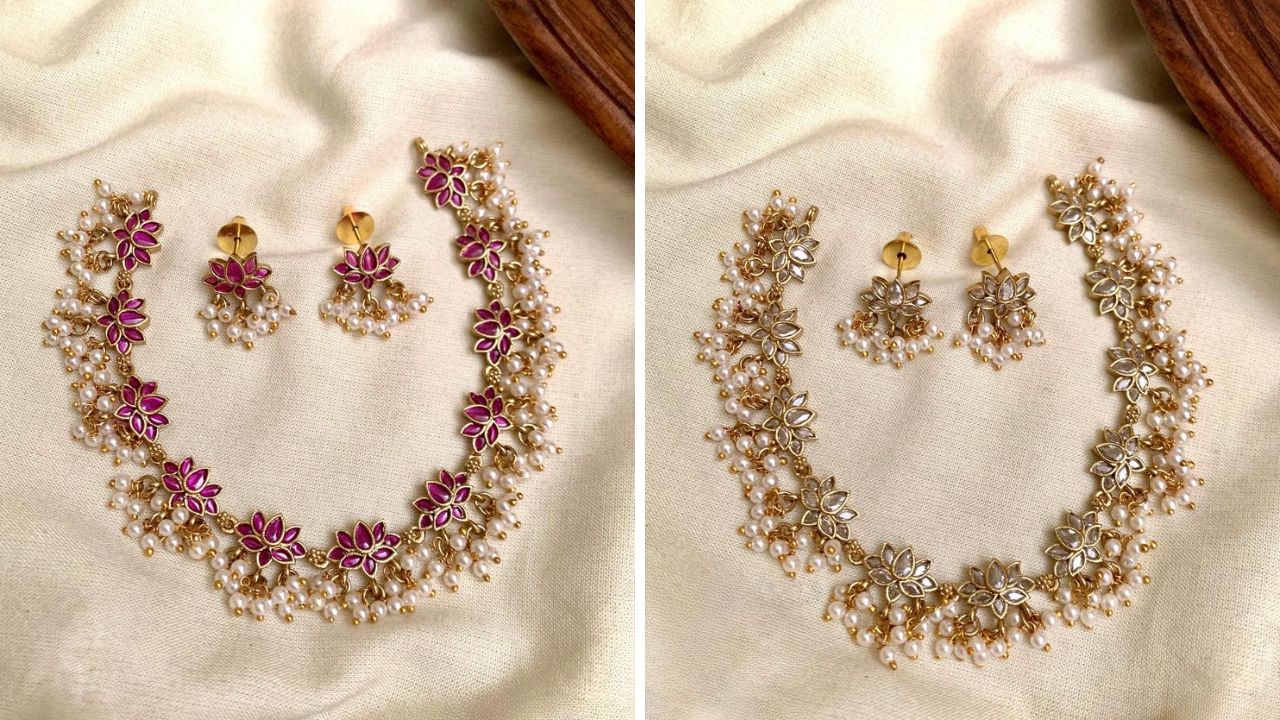 काहींना गळ्यात घालण्यासाठी खूप जास्त हेवी नेकलेस नको असतो. अशावेळी तुम्ही या डिझाईनचा कमळ नेकलेस घालू शकता. यामुळे तुमचा लुक रॉयल दिसेल.