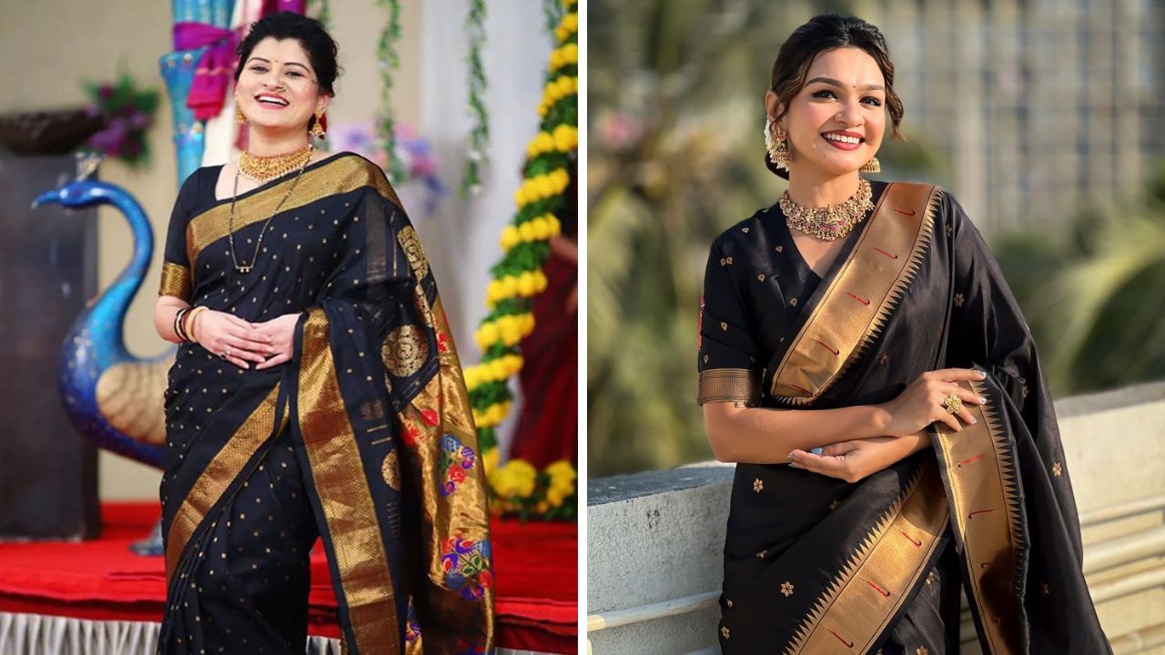 काळ्या रंगाच्या साडीला सोनेरी रंगाचा काठ खुलून दिसतो. साडीमध्ये तुमचा लुक रॉयल दिसेल. सोनेरी काठ असलेली साडी खरेदी केल्यानंतर त्यावर तुम्ही सोन्याचे दागिने घालू शकता. 