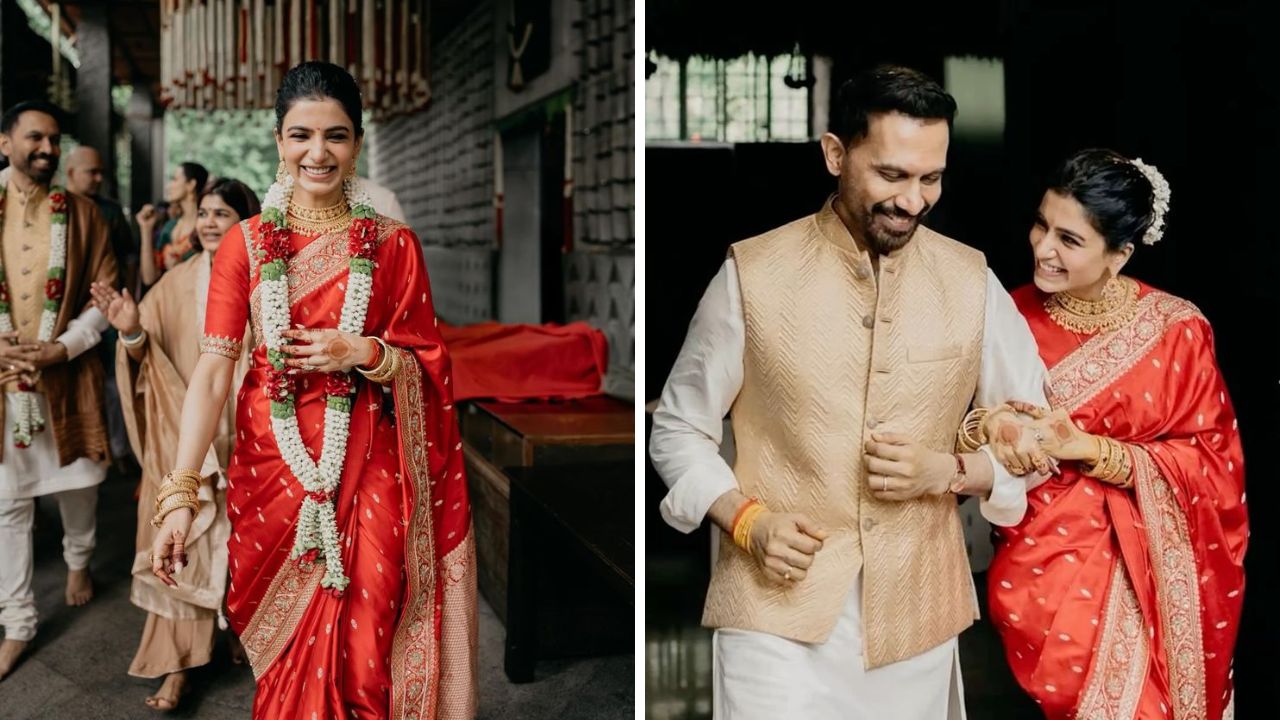 हल्ली सर्वच विवाह सोहळ्यांमध्ये लेहेंगा किंवा डिझाईनर गाऊन घालता जातो. मात्र अभिनेत्री सामंथा प्रभूने विवाह सोहळ्यात लाल रंगाची बनारसी साडी, पांढऱ्या फुलांचा गजरा आणि सोन्याचे सुंदर दागिने घातले होते.