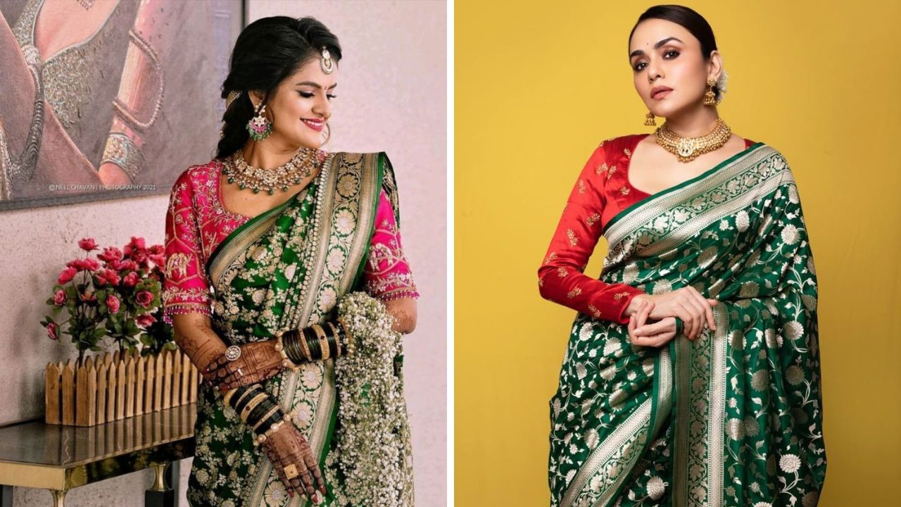 साखरपुड्यात सर्वच नववधू हिरव्या रंगाची साडी नेसतात. हिरव्या रंगाच्या साडीची निवड करताना प्रथम प्राधान्य डार्क रंगाच्या बनारसी साडीला दिले जाते.