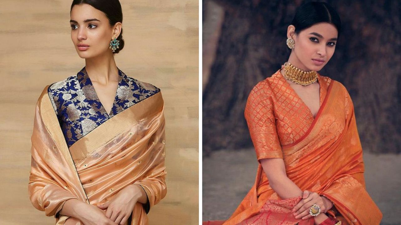 काठपदर साडीपासून ते अगदी रोजच्या वापरातील कॉटन साड्यांवर हाय व्ही नेक ब्लाऊज शोभून दिसेल. यामुळे साडीचा साधा लुकसुद्धा मॉर्डन दिसेल.