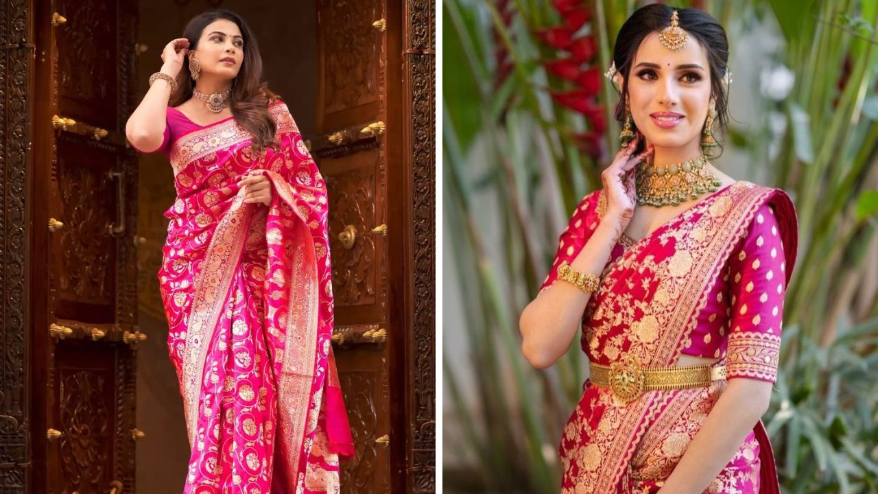 गुलाबी रंगाच्या बनारसी शालूवर मोत्याचे किंवा कुंदन वर्क केलेले दागिने अतिशय खुलून दिसतात. गुलाबी रंगाच्या शालूला बाजारात मोठी मागणी आहे.