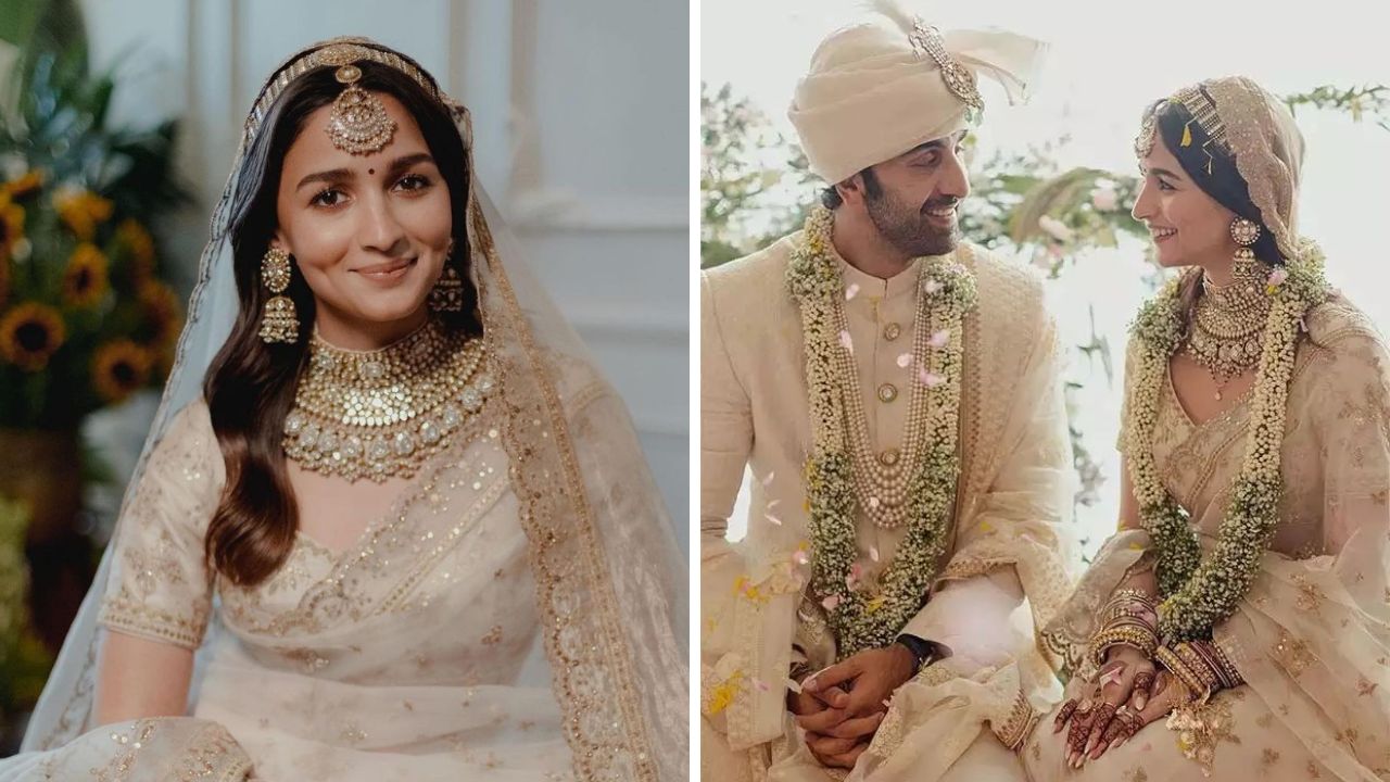 आलीय भट आणि रणबीर कपूर ही जोडी कायम सगळ्यांचं आवडते. आलिया भट्टने तिच्या ऑफ व्हाईट लग्नाचा लेहेंगा घातला जातो. लग्न सोहळ्यांमध्ये कायमच भडक रंगांचे घागरे घातले जातात. मात्र ही परंपरा मोडीत काढत तिने हेवी नक्षीकाम करून तयार केलेला लेहेंगा परिधान केला होता. 