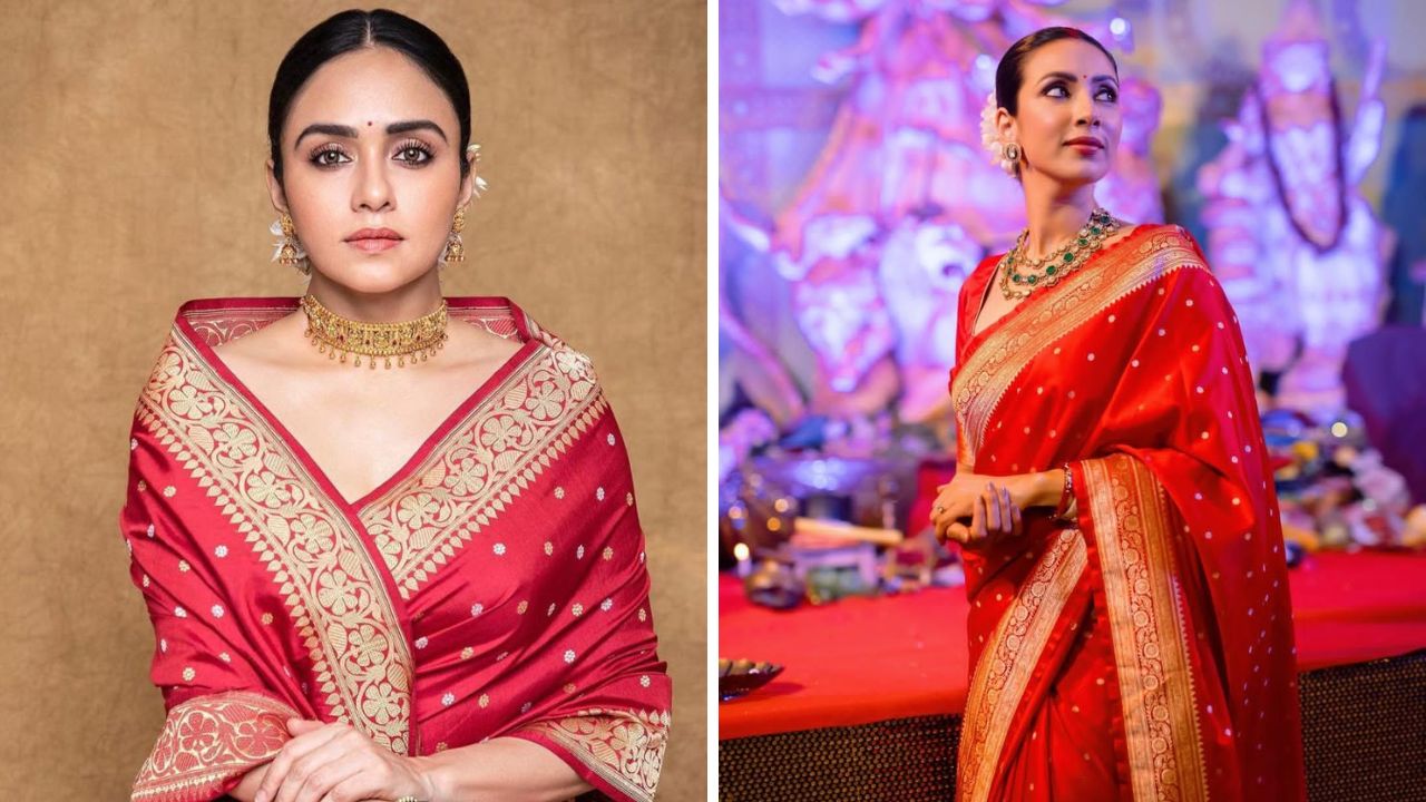 लाल रंगाच्या बनारसी साडीला नववधू खूप जास्त पसंती दर्शवतात. लाल रंग अतिशय उठावदार आणि सौंदर्य खुलवणारा आहे. लाल रंगाच्या बनारसी शालूवर सोन्याचे किंवा कुंदन दागिने सुंदर दिसतील.