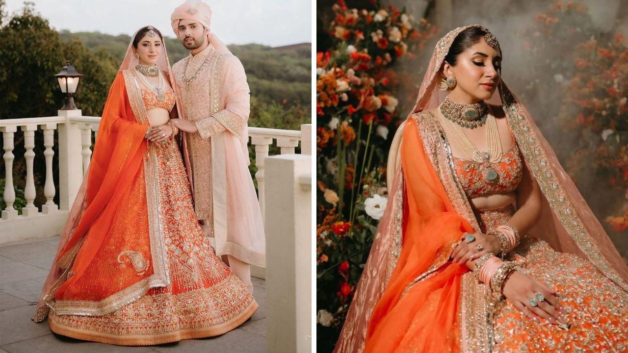 लग्नात कायमच लाल, पिवळा किंवा गुलाबी रंगाचा लेहेंगा परिधान केला जातो. पण गायक अरमान मलिकची पत्नी आशना श्रॉफ हिने विवाह सोहळ्यात नारंगी रंगाचा लेहेंगा परिधान करून सुंदर स्टोनचे दागिने परिधान केले होते.