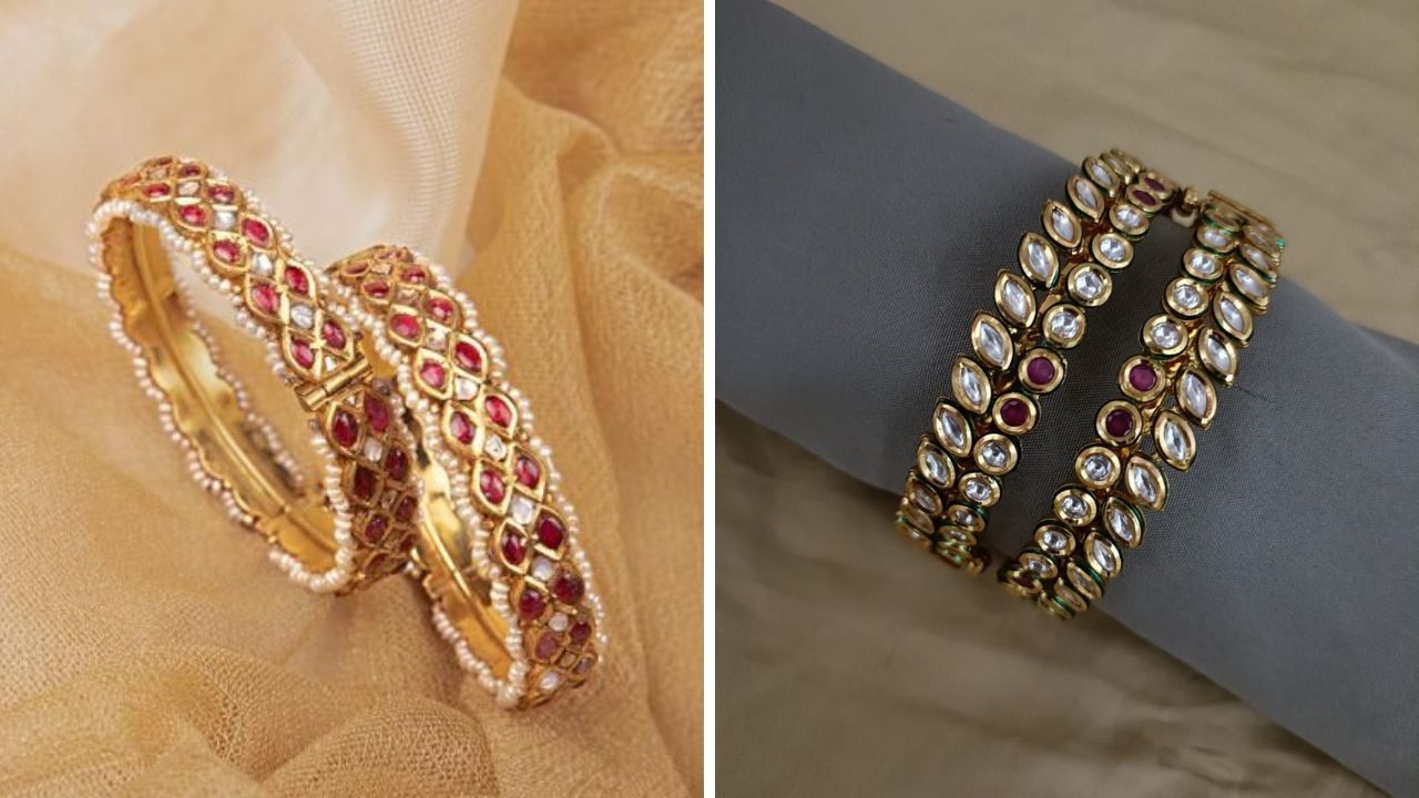 मोती आणि नाजूक रंगीत डायमंडचे वर्क करून बनवलेल्या कुंदन बांगड्या कोणत्याही साडीवर सुंदर दिसतील. बाजारात ५०० रुपयांपासून ते अगदी ५००० रुपयांपर्यंत कुंदन बांगड्या उपलब्ध आहेत.