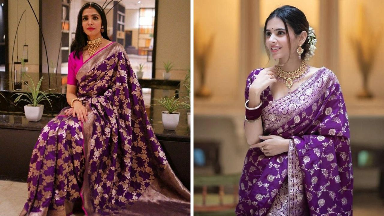 तुम्हाला जर लग्नातील रिसेप्शनमध्ये थोडा युनिक लुक हवा असेल तर तुम्ही जांभळ्या रंगाचा बनारसी शालू नेसू शकता. जांभळा रंग अतिशय सुंदर दिसतो.