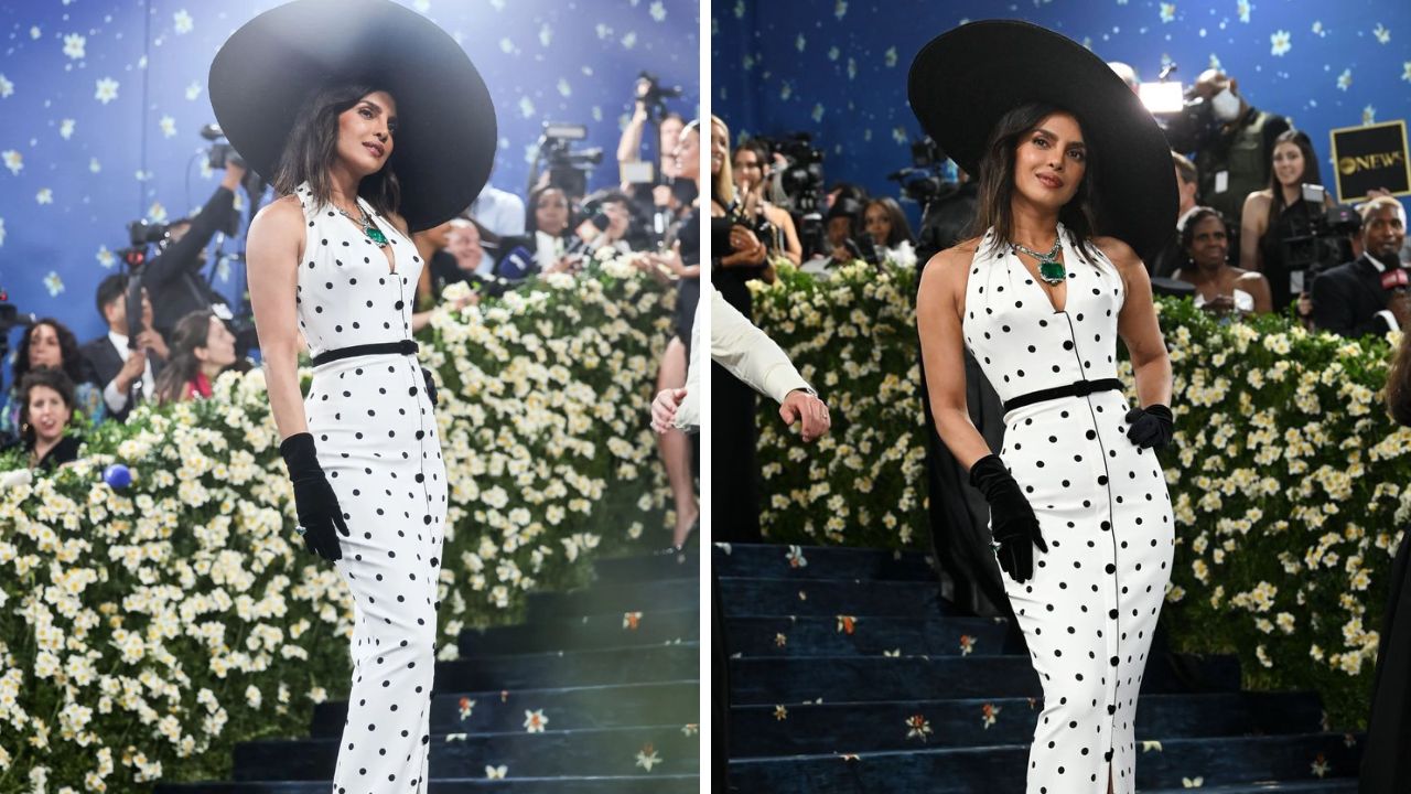 प्रियांका चोप्राने पोल्का-डॉट पोशाख असलेल्या बेस्पोक बालमेन पोशाख परिधान केला आहे. यावर तिने हिरव्या रंगाचा पोल्की नेकलेस परिधान करत आत्मविश्वास आणि क्लासिक शैलीचे सुंदर मिश्रण दाखवले आहे. 