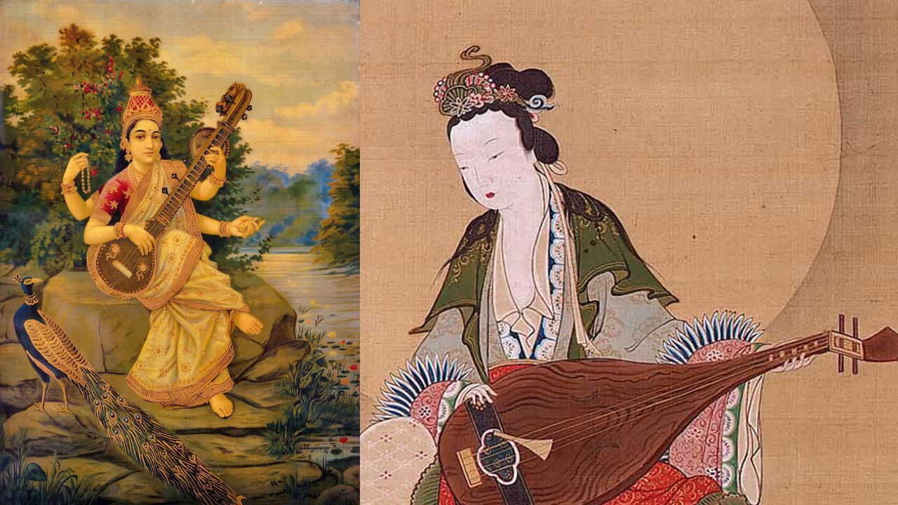 सरस्वती देवी आणि  देवी बेनझाईतेन :  बेनझाईतेन देवी (Benzaiten) ही जपानी संस्कृतीतील एक अत्यंत पूजनीय देवी आहे. हिंदू धर्मातील सरस्वती आणि देवी बेनझाईतेन याचं रुप साधारण सारखंच आहे.  जपानमध्ये विकसित झालेल्या या देवीला ज्ञान, संगीत, कला, वाणी, पाणी आणि संपत्तीची देवता मानले जाते. 