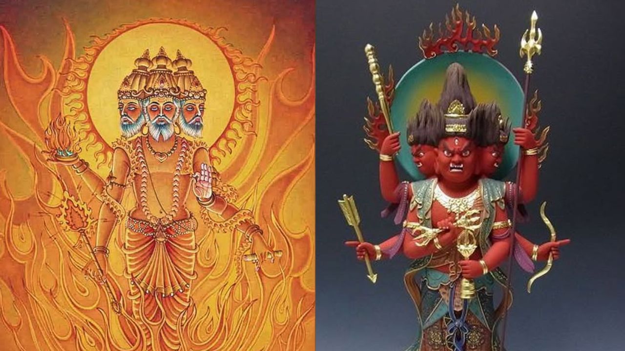 अग्नि देव आणि कातेन : कातेन ही जपानी बौद्ध व शिंतो परंपरेतील एक महत्त्वाची देवता आहे. कातेन या शब्दाचा अर्थच अग्नी देवता असा होतो. कातेनचा उगम भारतीय वैदिक परंपरेतील अग्निदेव यांच्याशी संबंधित आहे