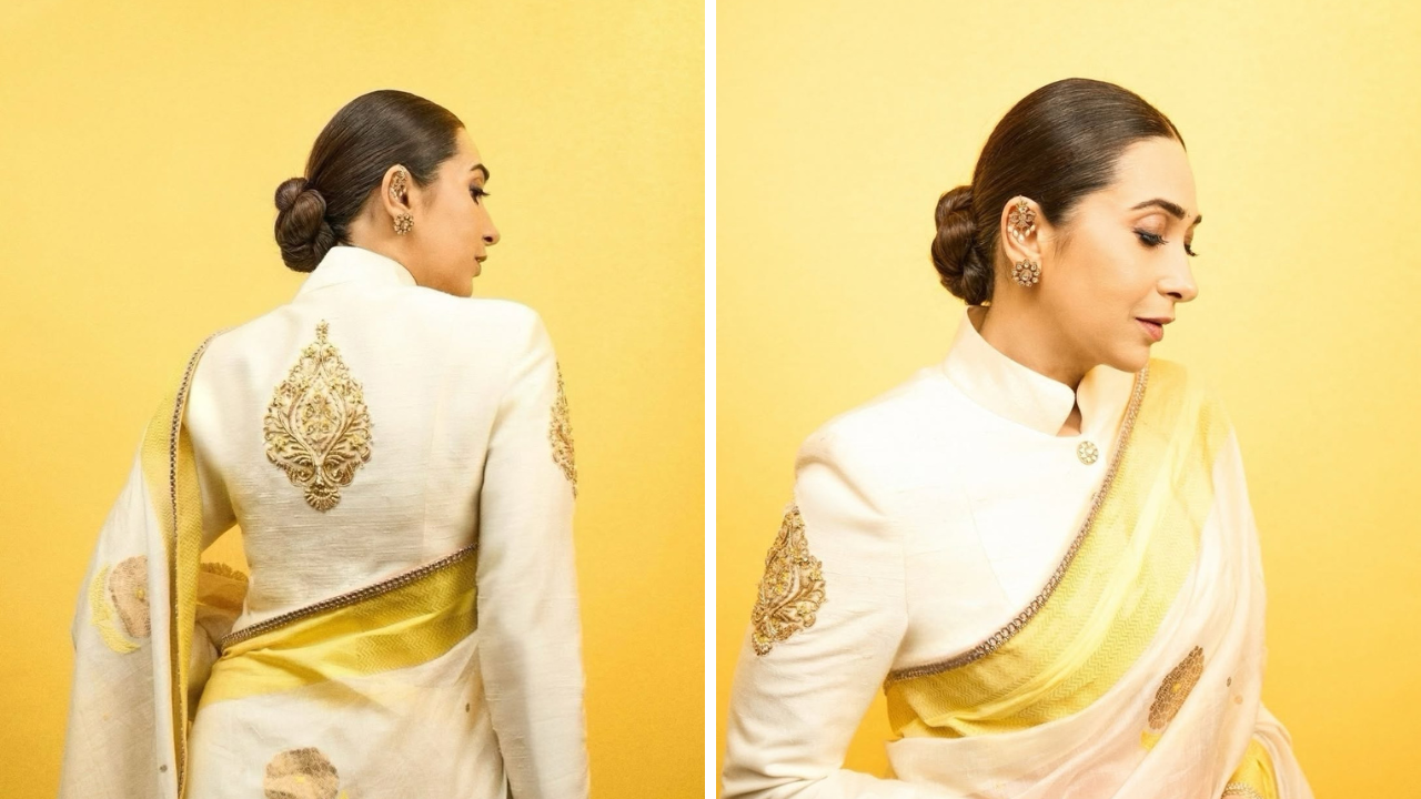 गोल्डन बॉर्डरच्या चंदेरी साडीसह करिष्माने फुल स्लीव्ह्ज ब्लाऊज घातला असून त्यावर मागे क्लासी एम्ब्रॉयडरी करण्यात आली होती आणि हातावरही तसे डिझाईन होते