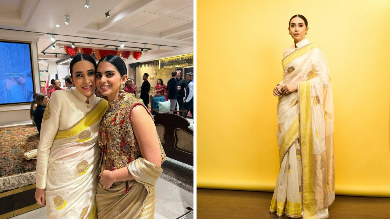 करिष्माने नेसलेली चंदेरी साडी ही मध्यप्रदेशमधील कलाकारीचा नमुना असून मनिष मल्होत्राच्या टीमने याचे डिझाईन केले आहे