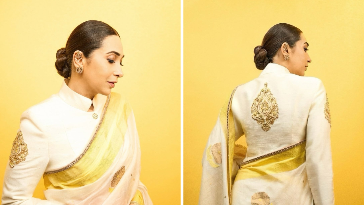 करिष्माने या साडीसह अप्रतिम दिसेल अशी क्लासी बन हेअरस्टाईल केली असून केसांचा मधून भांग पाडला आहे. तिच्या उभट चेहऱ्याला ही हेअरस्टाईल सूट होते