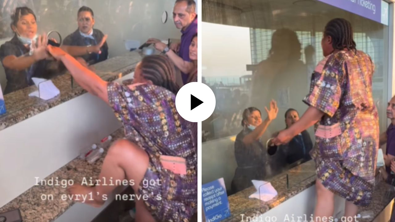 Indigo Crisis : इंडिगोच्या गोंधळला कंटाळली आफ्रिकन महिला, काऊंटरवर चढत मुंबई एअरपोर्टवर घातला राडा; Video Viral