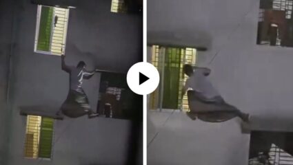 गर्लफ्रेंडला भेटायला गेला होता बॉयफ्रेंड, घरच्यांनी पकडताच बिल्डिंगमधून उडी मारली अन् असा पळ काढला की… Video Viral
