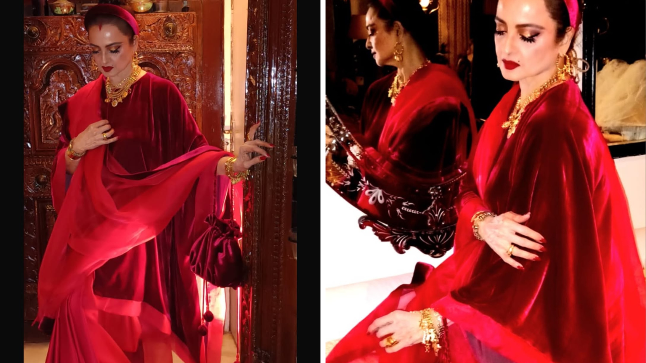 डार्क आयशॅडो, डार्क मेकअप, फाऊंडेशन, कन्सिलर, आयलॅशेस, काजळ, लायनर आणि डार्क लाल लिपस्टिक लावत रेखाने आपल्या सौंदर्यात भर घातली आहे