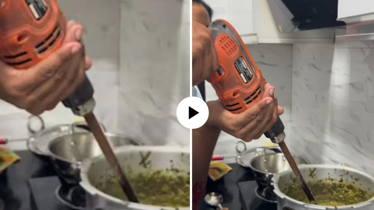 वाह क्या जुगाड है! भाजी घुटण्यासाठी पठ्ठ्याने थेट वापरली ड्रिल मशिन; VIDEO पाहून नेटकरी म्हणाले…,