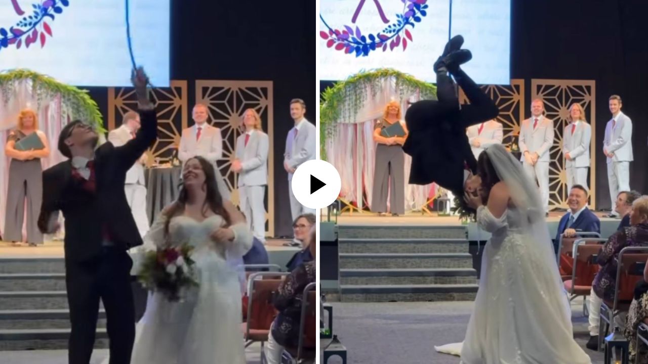 लग्नात अनोखा रोमान्स! नवरीच्या इच्छेखातर लग्नात नवऱ्याने स्पायडरमॅन स्टाईलमध्ये घेतली KISS, रश्शीला लटकला अन्… Video Viral