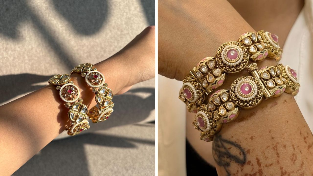 हेव्ही नक्षीकाम, कुंदन, पोल्की, मोत्यांची जडणघडण आणि अँटिक फिनिश असलेले कुंदन कडे लेहेंगा किंवा हेवी डिझाईन असलेल्या साडीवर सुंदर दिसतात. 