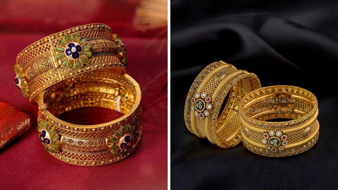 अनेकांना सोन्याच्या हेवी डिझाईन असलेल्या बांगड्या घालायला खूप जास्त आवडतात. त्यामुळे हिरव्या बांगड्यांच्या मधे तुम्ही सोन्याचे कडे घालू शकता. 