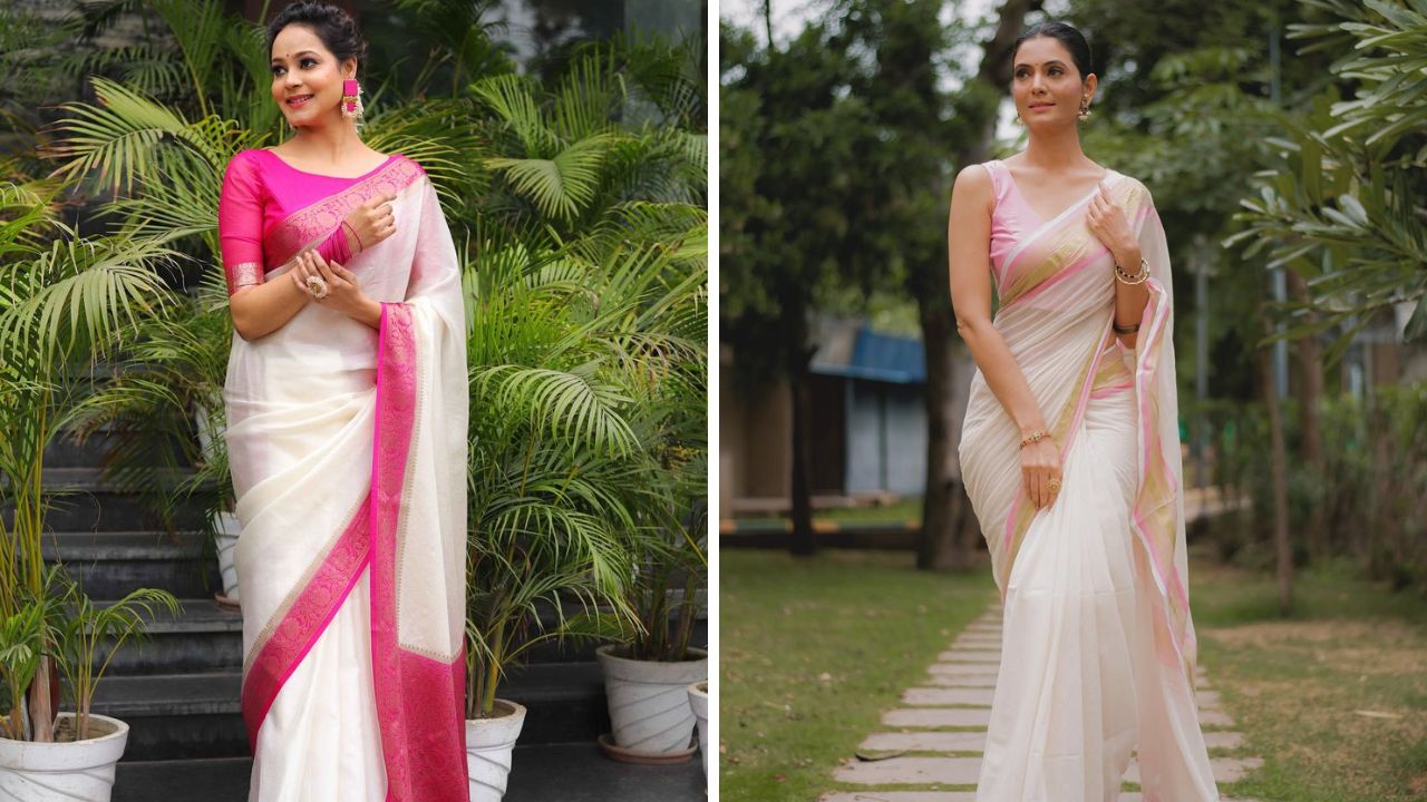 पांढऱ्या रंगाच्या साडीवर सर्वच महिलांना प्रामुख्याने गुलाबी रंगाचे ब्लाऊज घालतात. पण कायमच डार्क गुलाबी रंगाचे ब्लाऊज घालण्याऐवजी फिकट गुलाबी रंगाच्या ब्लाऊजची निवड करावी. 