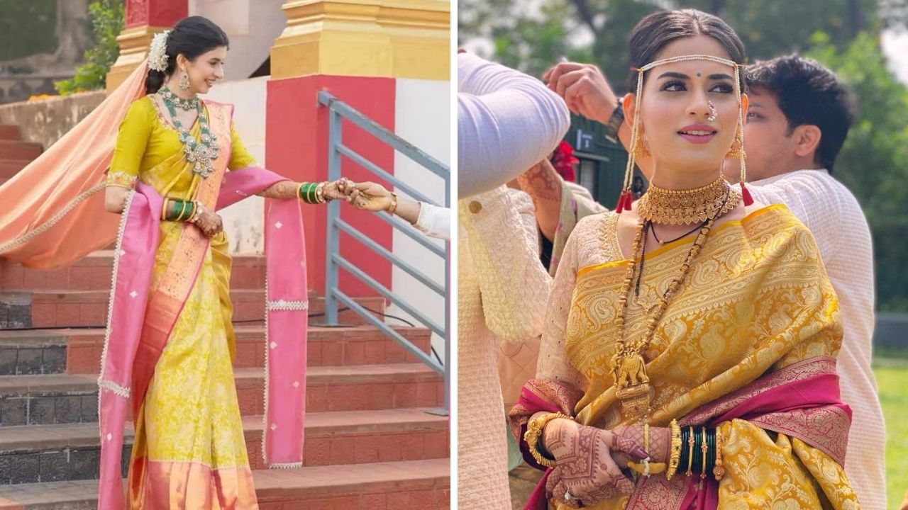 लग्नात काहींना खूप जास्त हेवी साडी आणि मेकअप नको असतो, अशावेळी उत्तम पर्याय म्हणजे कांजीवरम सिल्क साडी. पिवळ्या रंगाच्या कांजीवरम सिल्क साडीवर हिरव्या रंगाचे दागिने शोभून दिसतील. 