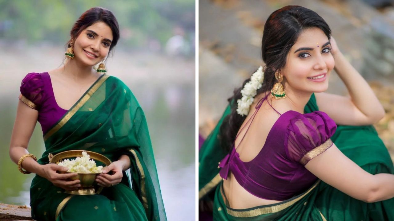 कॉटन किंवा माहेश्वरी साडीवर शॉर्ट लेन्थ फुग्यांचा ब्लाऊज शोभून दिसेल. ब्लाऊजच्या हातांना साडीच्या काठाचा लेस संपूर्ण ब्लाऊजचा लुक मॉर्डन बनवते. 